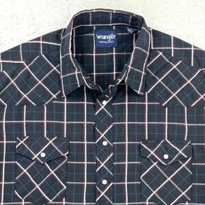 Wrangler Western Shirt Men 2XT Blk Blue Red Pearl Snap Short Sleeve Plaid Cowboy